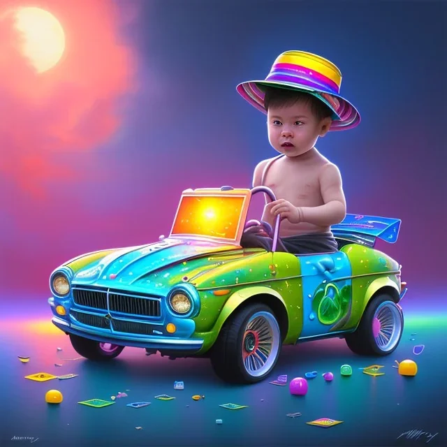 A one-year-old boy rides in the plastic funny toy-car on the middle of a busy street in new york. He has and a large-brimmed straw hat. somehow photographic bright colors and sunset, fantasy art, Anna Dittmann, digital painting, dan mumford, oil on canvas, jeff koons, akihito yoshida, wlop, kodachrome,