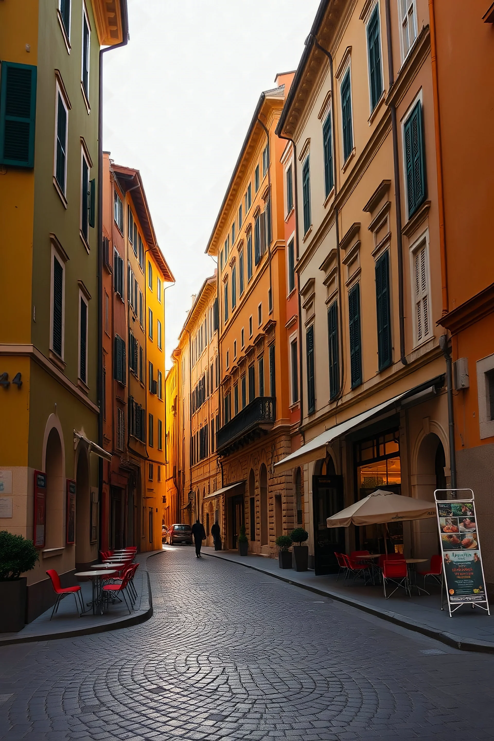 Generate a street picture of an italian city. Standing in the middle of the street where the buildings are different shades of olive green and the background midday sun is royal yellow. Add corner cafe’s and the end of the street is never seen. Just a horizon