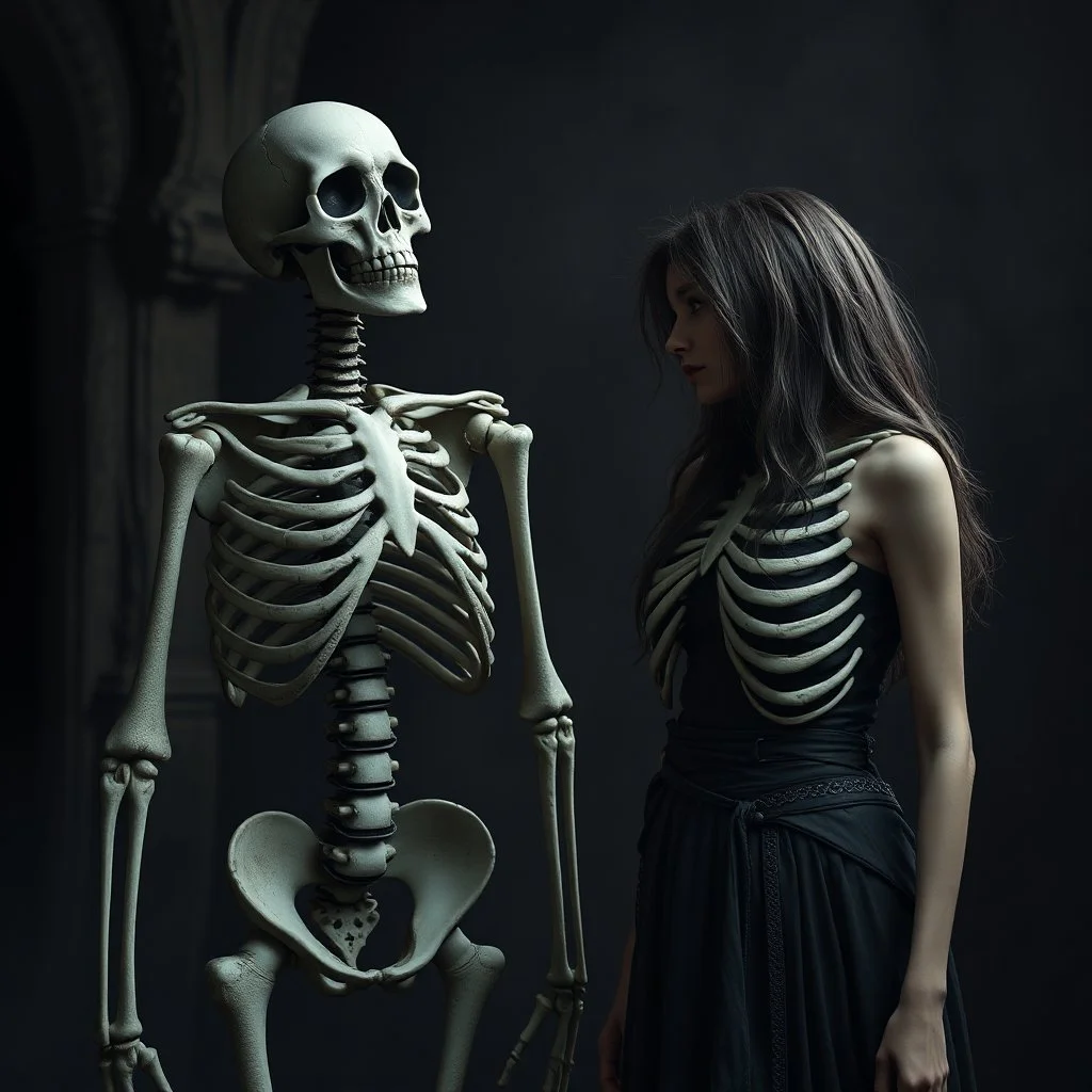 Skeleton standing next to a woman, gothic setting, dark fantasy, photorealistic. 4k