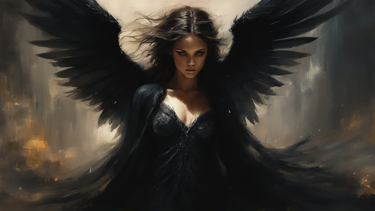 Dark and ethereal, the angel's black wings spread. Each wing carried with it an ancient story, a deep secret that hid in the shadows. cinematic detailed mysterious sharp focus high contrast dramatic volumetric lighting, :: mysterious and dark esoteric atmosphere :: digital matte painting by Jeremy Mann + Carne Griffiths + Leonid Afremov,, dramatic shading, detailed face