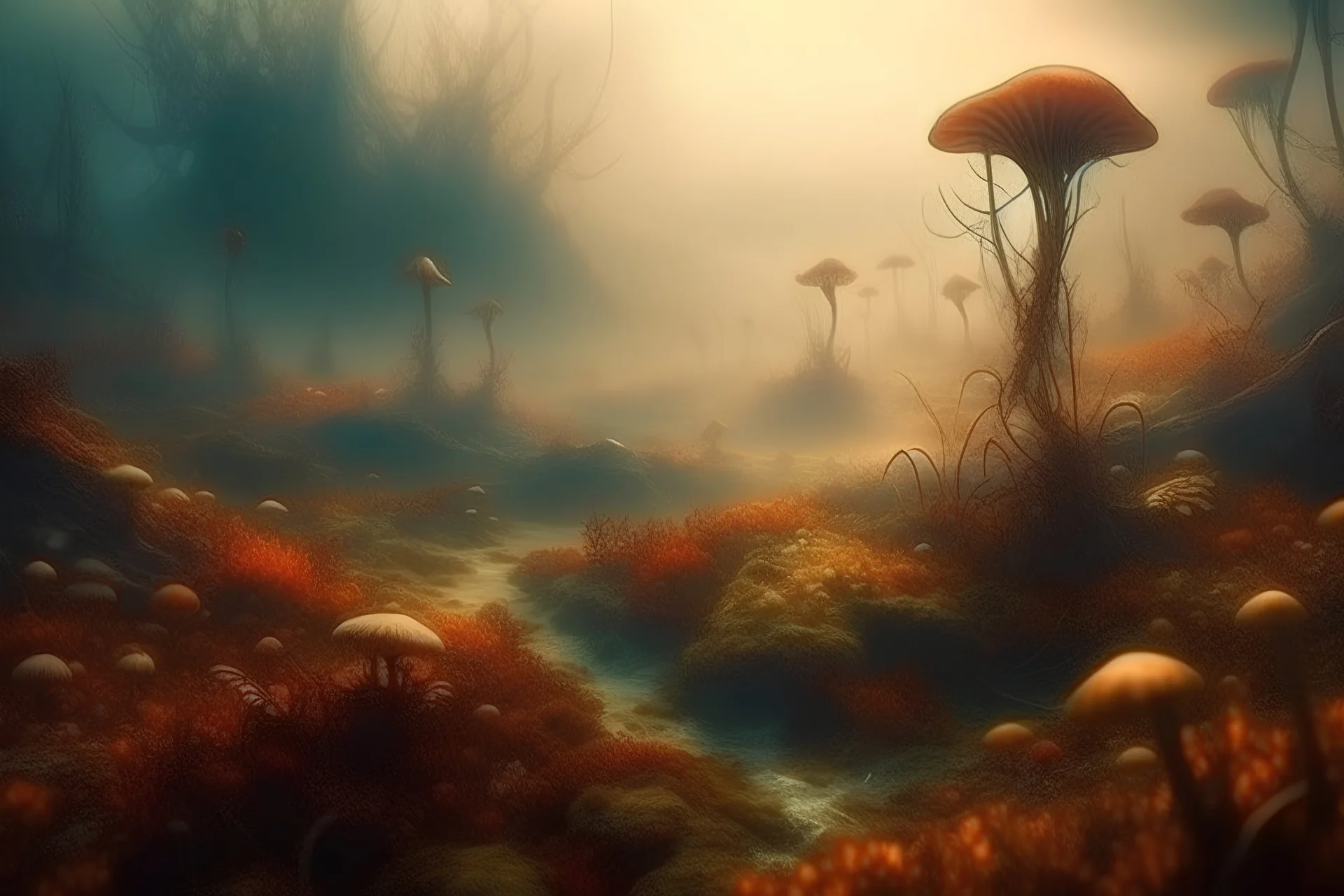 paisaje otoñal extraterrestre con flora carnívora y fauna etérea de fantasía con iluminación fría al estilo de El Bosco