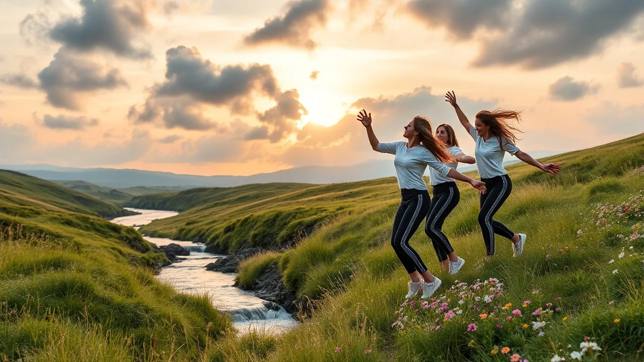 a group of young ladies in sports pants and blouse are dancing in high grassy hills,a small fall and river and flowers at river sides,cloudy sun set sky