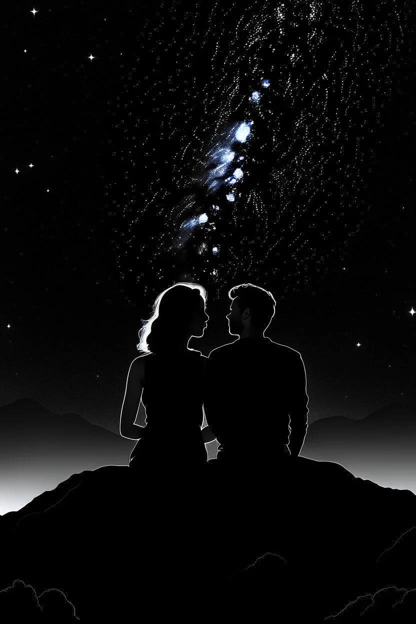 black background on a mountaintop with two silhouettes of a fit man and a silhouette of a fit woman sitting close to each other almost touching and looking at the stars