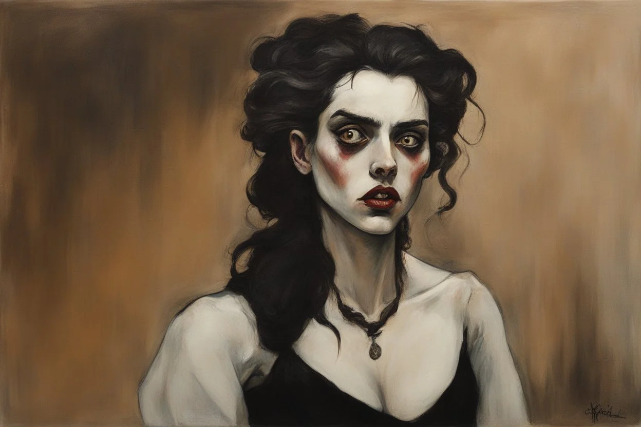 Painting of a deranged and twisted, Goth vampire girl, with highly detailed hair and facial features in the Expressionist style of Egon Schiele, Oskar Kokoschka, and Franz Marc, in muted natural colors