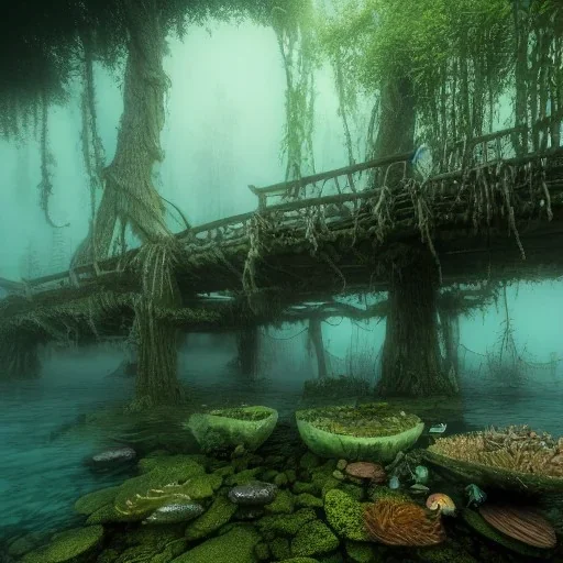 Underwater Forest, Trees, Wood Bridge Submerged, Fish, 8k Resolution, Fine-Detail, High-Quality, Intricate, Detailed Matte, 3d Octane Render, Beautiful, Stunning, Brian Froud, Selina French, Howard Lyon, Greg Rutowski, Annie Dittman, Annie Stokes