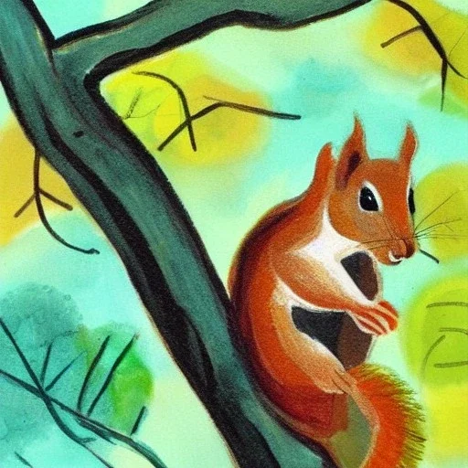 A squirrel on a tree eating nut, expressionist painting.