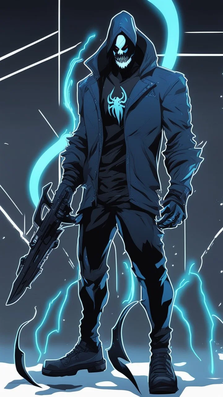 Mix between venom symbiote and Reaper in solo leveling shadow style with neon glowing blue