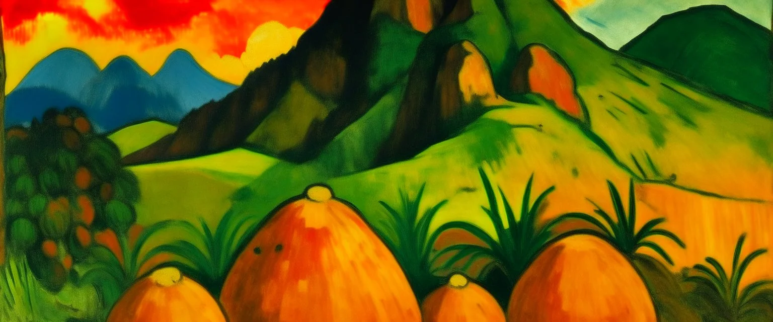 An orange color mountain with spike balls painted by Paul Gauguin