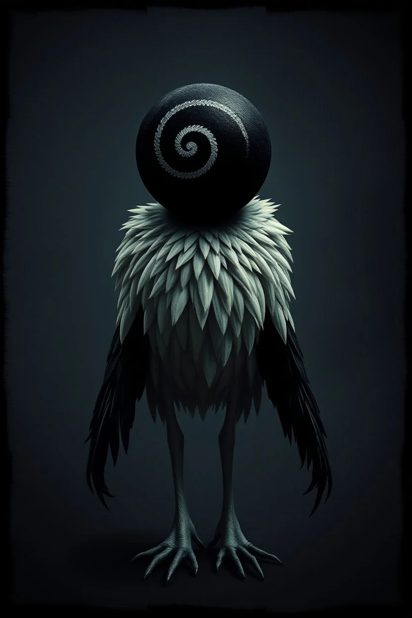 Oddball horror, color photograph featuring glitchy negative space, "SARDONIC HARMONY, creeping nihilism, anthropomorphic shambling feather creature with a featureless black round head with a white spiral pattern,