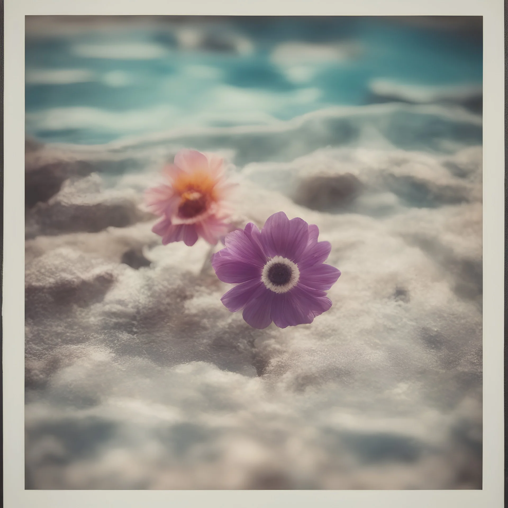 anemones in a swimming pool, old damaged white framed polaroid, sunny day, vivid colors, bokeh effect