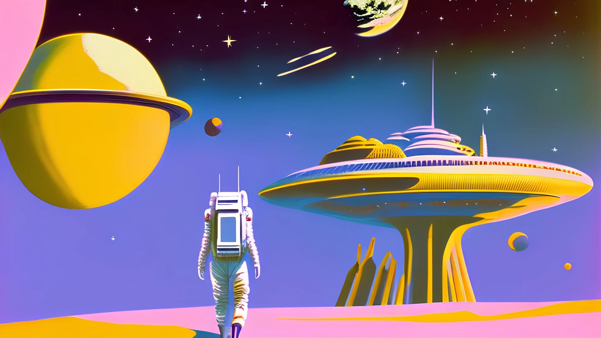 stlye of 1960's sci-fi book cover, alien castle on foreign planet, spaceships in the sky, stars in the universe, painted look, astronaut in the foreground walking away