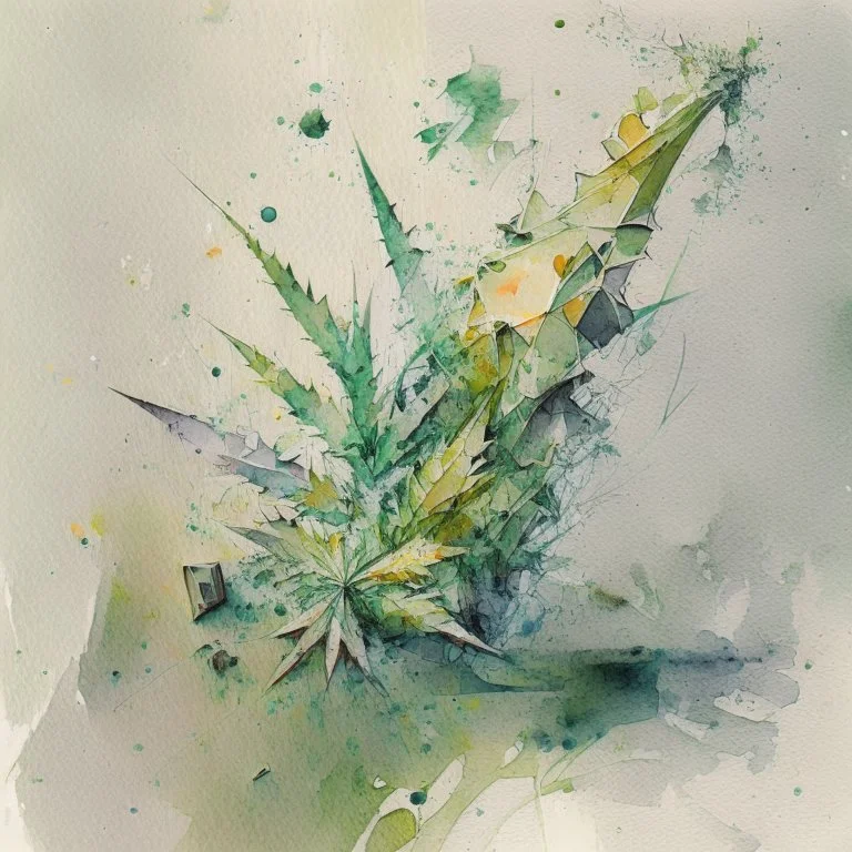 Incorporate crushed weed as scattered fragments across the composition, resembling abstract shapes and textures., watercolour sketch