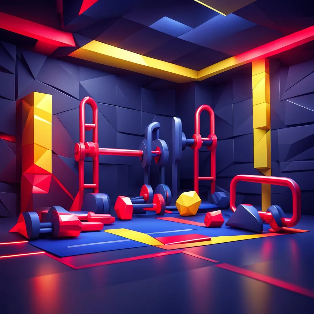 Hyper Realistic Low-Poly Gym & Fitness Background [With Navy-Blue Red & Yellow Neon Colors].