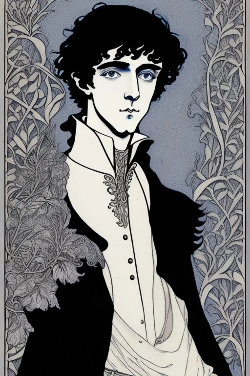 Black haired blue eyed freckled young male wizard in the style of aubrey beardsley