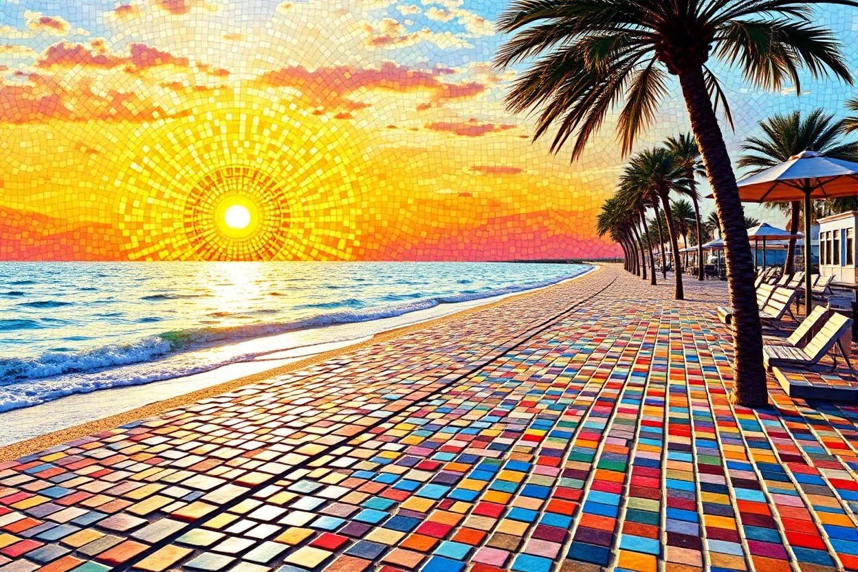 create a digital mosaic landscape of a seafront walkway, beach promenade paved with multicolor mosaic stones, rising sun made of glowing tessellated fragments, sky composed of abstract colorful stained glass patterns, serene and artistic sunrise vibe --ar 3:2 --v 7 --style raw