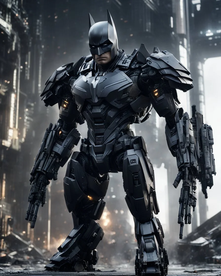 Long distance picture full body of Batman Black mech hitech Futuristic 3d render, vray, uhd, detailed, hdr, 8k, photorealistic, dramatic lighting, hawken graphic design abstract 3d hitech technological HAWKEN photorealistic uhd 8k VRAY highly detailed HDR