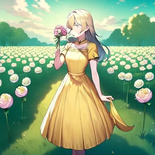 anime girl holding on to a dried dandelion flower and blowing the dried seeds into the air as the wind carries them away. outdoors scene.anime girl standing in a meadow of flowers. thw wind is blowing flower pedals into the wind. girl wearing yellow dress. more emphasis on seeds floating in the air