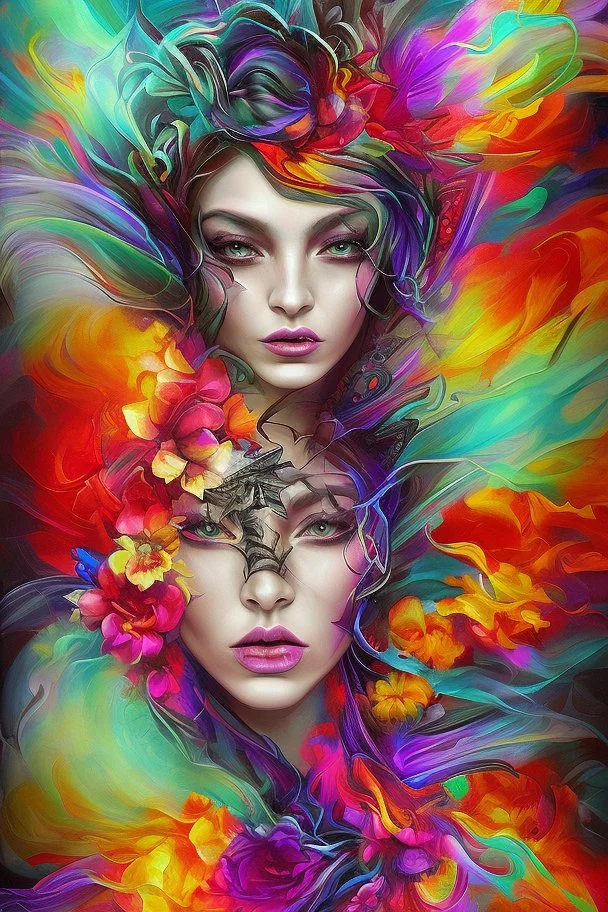 Generate a captivating digital artwork where a vivid explosion of images on a canvas bursts forth, weaving together elements of a woman, demons, tattoos, flowers, and stormy hues. Capture the essence of dynamic creativity in this abstract masterpiece."