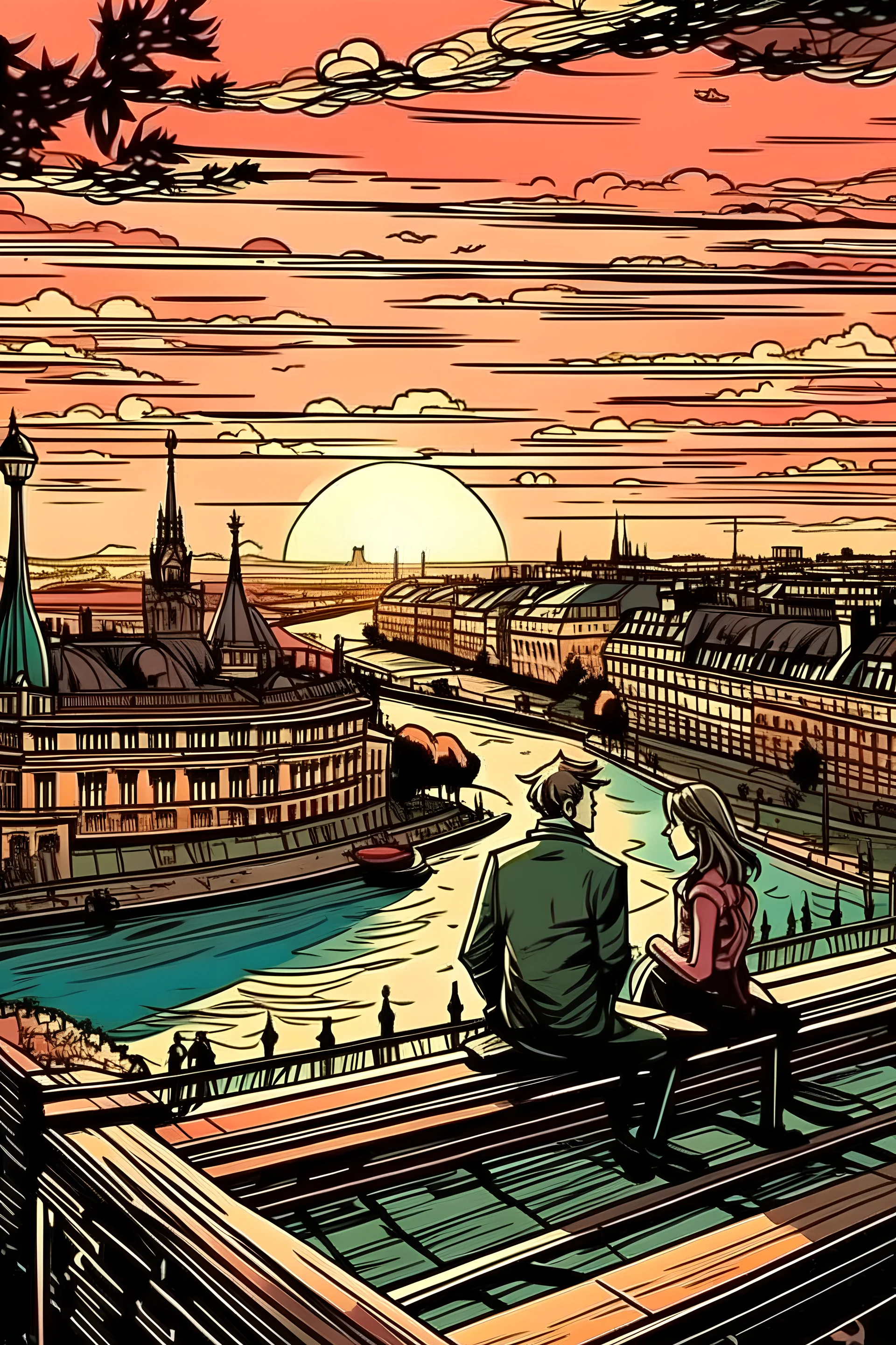 romantic, city panorama vienna with charakterictic architecture, comics style, two people, sunset, river