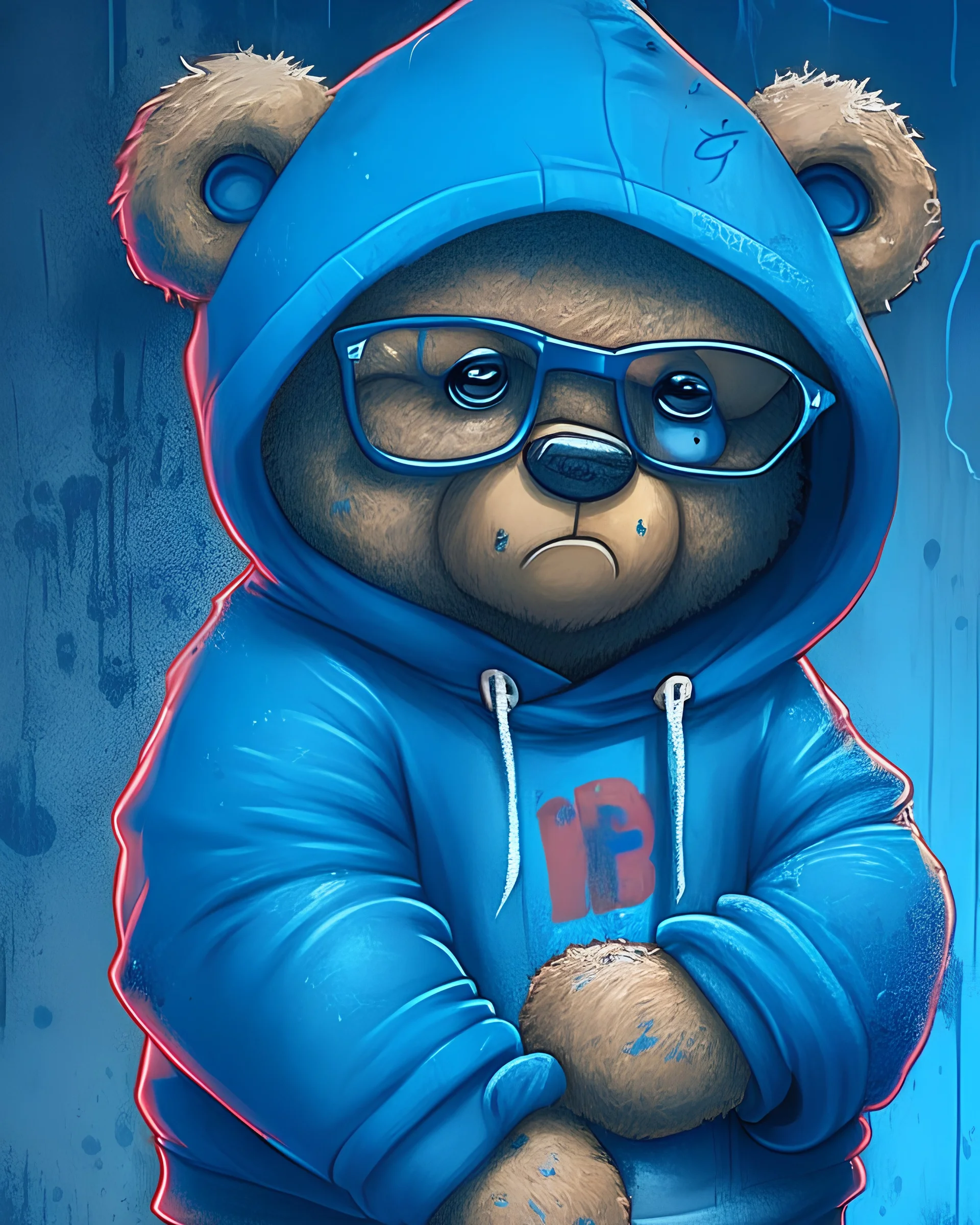 a teddy bear wearing a blue hoodie and glasses, graffiti art by Hanna-Barbera, behance contest winner, lyco art, behance hd, 2d game art, official art