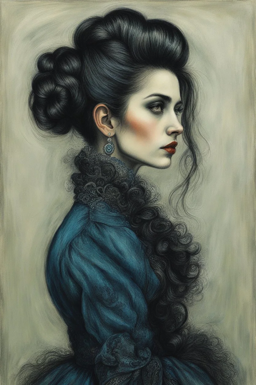 create a 3/4 profile, full body oil pastel of a dark haired, savage, ornately dressed, gothpunk vampire girl with highly detailed , sharply defined hair and facial features , in a foggy 19th century Moscow, in the style of JEAN-FRANCOIS MILLET and MARY CASSATT