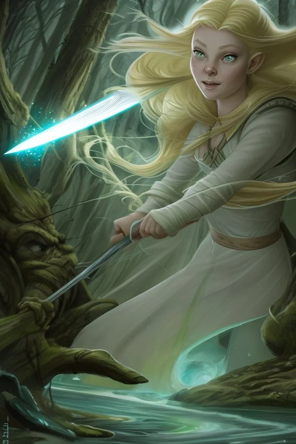 Young Galadriel knew that she was no match for the ogre in a fair fight. But she was determined to protect herself and her home, so she drew her sword and charged. The ogre was surprised by Galadriel's attack. It swung its club at her, but she dodged out of the way. Then, she slashed at the ogre's leg with her sword. The ogre roared in pain and stumbled back.