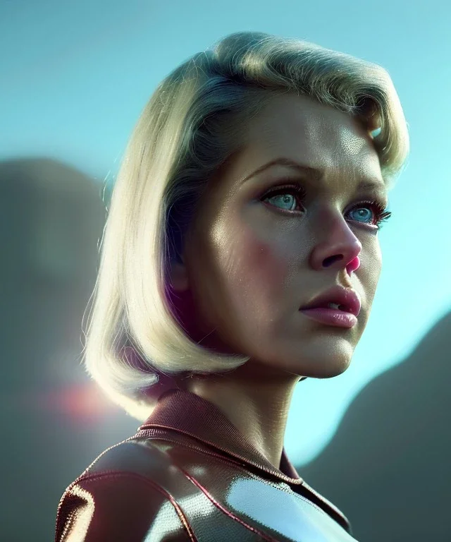 Ultra Realistic retro sci-fi movie, people, classic ovni, 1960 year, waist up view portrait, blonde woman, sweet teenager Jane Fonda face, perfect cyan iris, glow eyes, face makeup, tight latex coat, retro glass helmet, Retro sci-fi style, soft color, highly detailed, unreal engine 5, ray tracing, RTX, lumen lighting, ultra detail, volumetric lighting, 3d, finely drawn, high definition, high resolution.