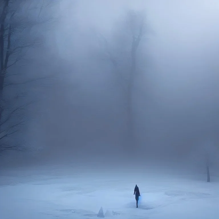 photograph, hyperreal, lost, feeling, person, biped, winter landscape, ice field, crystals, surreal, dreamlike, foggy