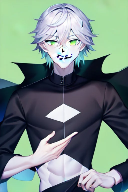 plauge doctor in balck leather clothes with silver hair, pale skin and bright green eyes smiling with sharp teeth, nice young face, male, viscious smile