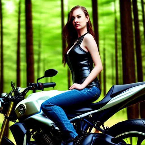 Very attractive woman sitting on a motorcycle. The bike is Yamaha. In the background is a forest. Realistic details. Photorealistic. 4K. Wide-angle lens.