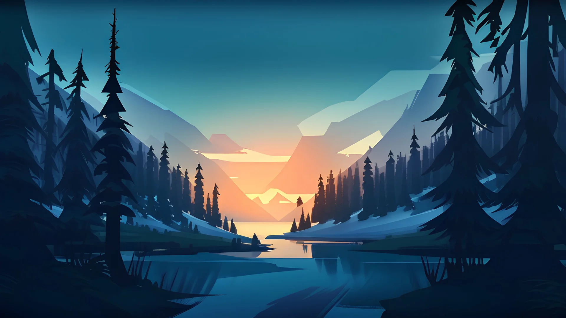 Stylized image of a forest, near a serene lake and mountains in the background at sunrise