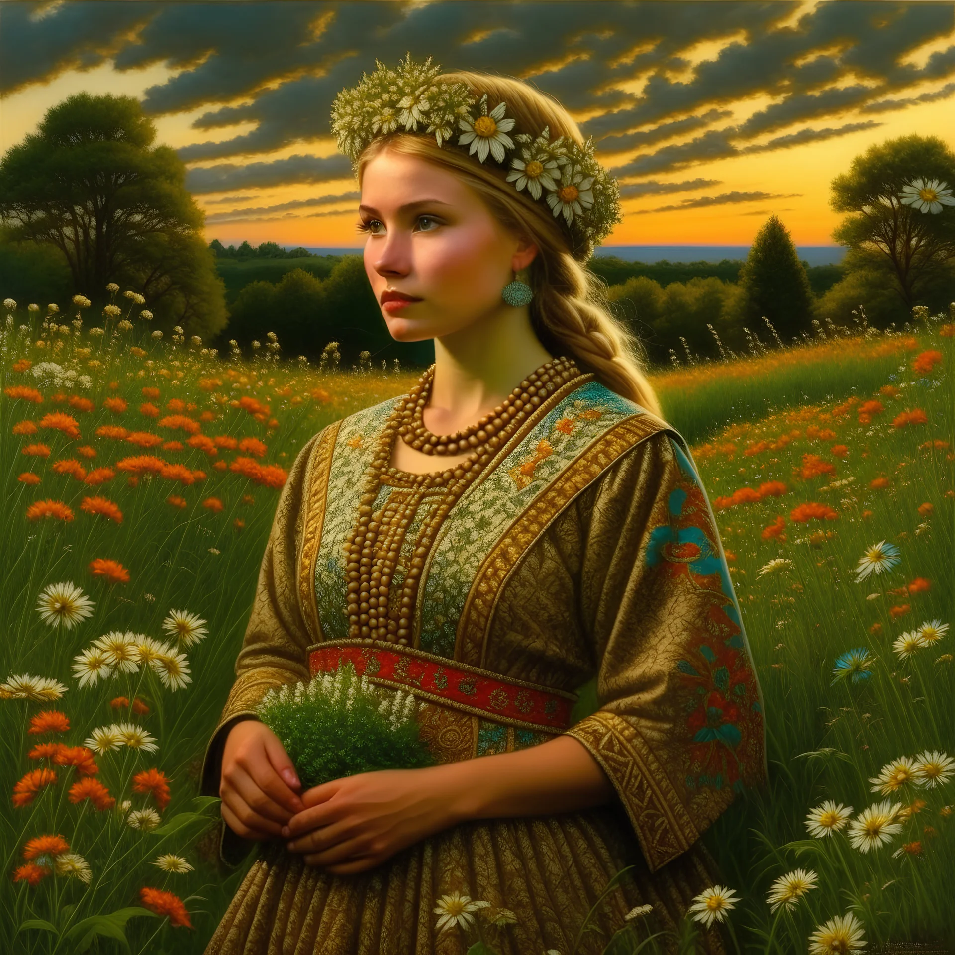 Scandinavian women, midsummers eve, traditional, pagan, painted, digital painting, 24k, high resolution, highly detailed, ornate, meadow with flowers and trees, art by Manuel Sanjulian