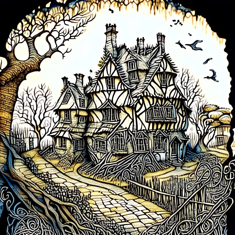 in the style of Arthur Rackham and Van Gogh, zentangle country side village, fantastical surrealistic, elegant, beautiful high definition fine 3D line art, watercolor ink and pen, extremely detailed, intricate, elaborate, HDR, beautiful, award winning, fantastic view, muted colours, fantasy, crisp quality