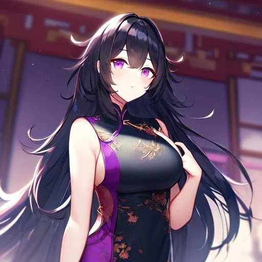 Clear focus,High resolution, Black long fluffy hair, and purple eyes, wearing a chinese dress, cute