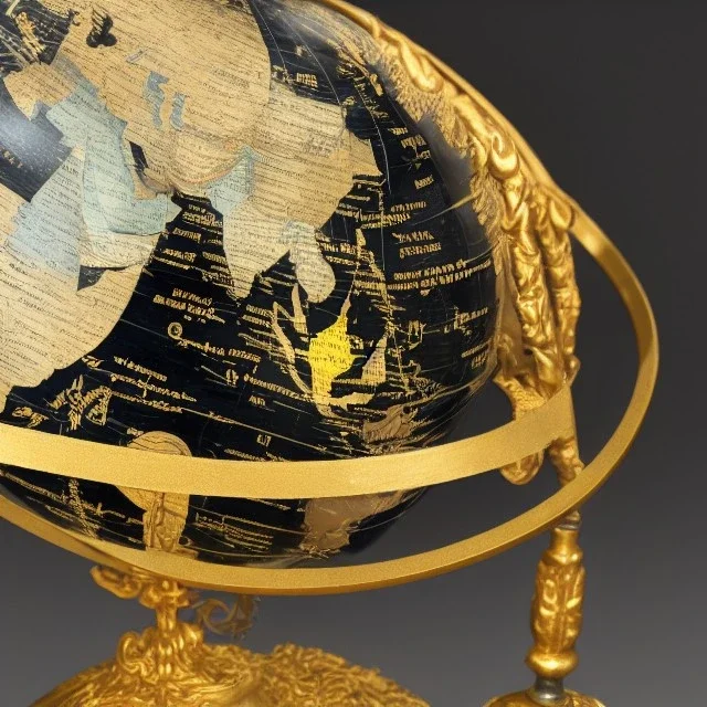 fantasy world globe, black marble, gold inlay detail, marginalia