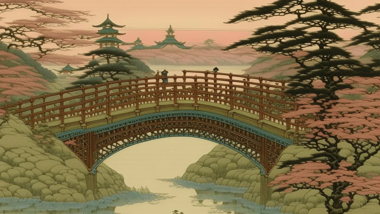 A light pink mystical bridge painted by Utagawa Hiroshige