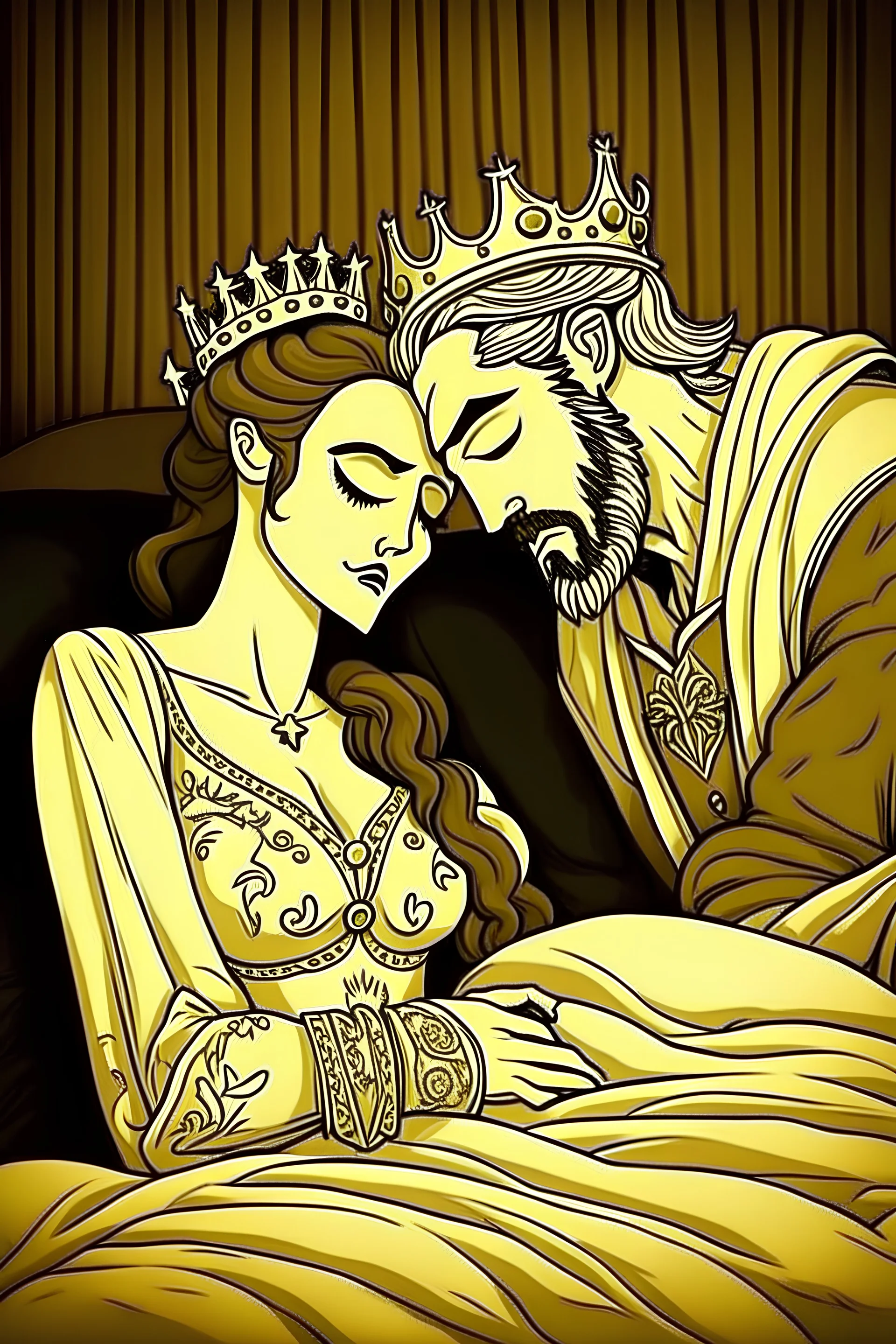 A king and queen both beautiful innocently on the bed about to go to sleep her face on his shoulder not showing more animated