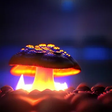 MUSHROOM SPACE lANDSCAPE BURNING IN BLUE FLAMES