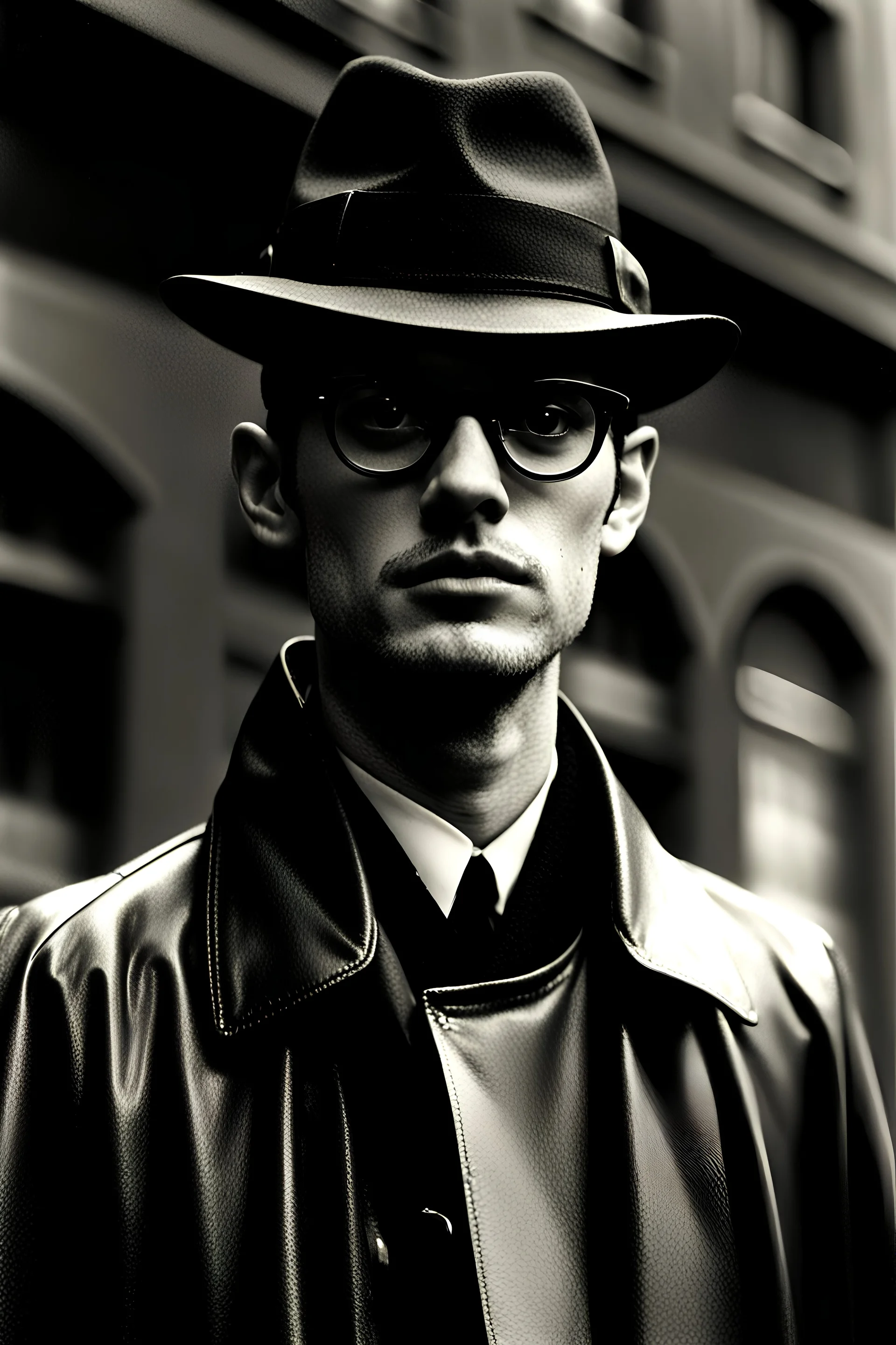 Polizeifoto schwarzweiß von 1965, neurasthenischer 30jähriger Mann in schwarzem Regenmantel mit Hornbrille und dunklem Hut, stechender Blick aus dunklen Augen, nervös