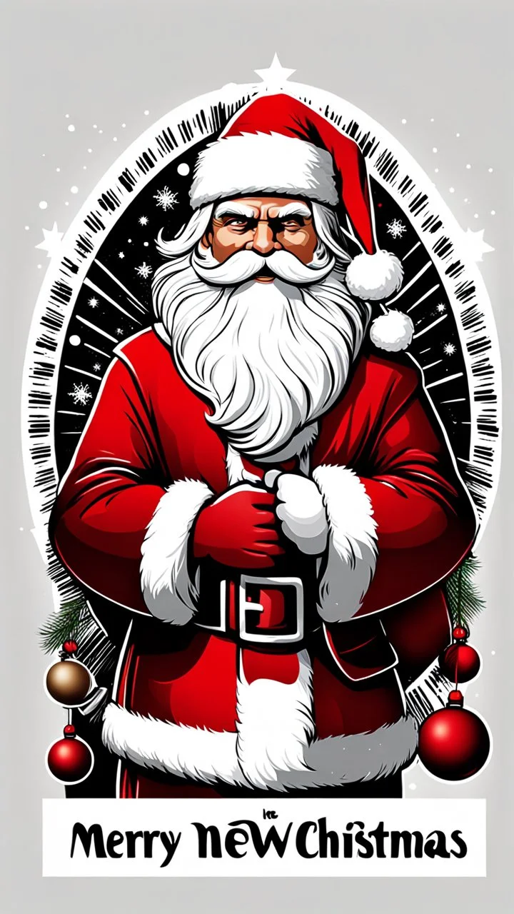 Póster que diga Feliz Navidad y Año Nuevo, Art illustration lineal Papá Noel, calidad ultra, hiperdetallado, 12k, fondo blanco, color blanco, rojo, negro y marrón full body, es imprescindible el texto en español