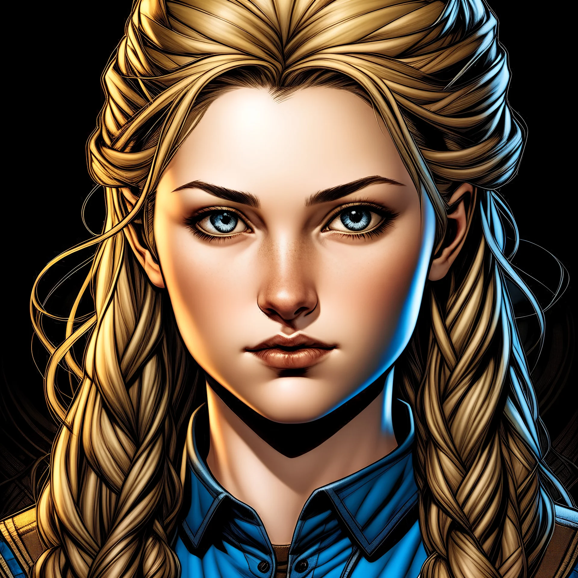 Teenage girl, dark blonde hair in fishtail braids twisted into a little bun, timid hazel eyes, shining marvel comic book style, looking into camera, front facing,