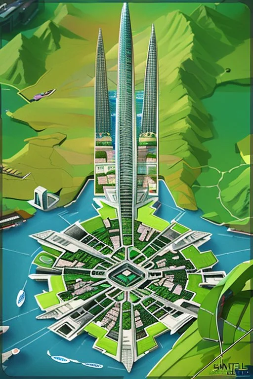 high detail map of an entire tropical dystopian small capital city