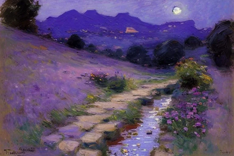 Night, purple flowers, pathway, mountains, rocks, little puddle, theodore robinson impressionism painting