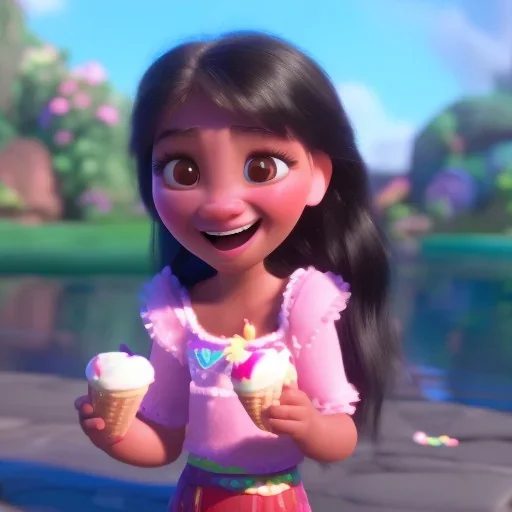 cute, adorable, smileing girl eating ice cream, candies flying all around her, Pixar, disney, cinema lighting, gaming, 8k, magic, love --q 1 --v 4