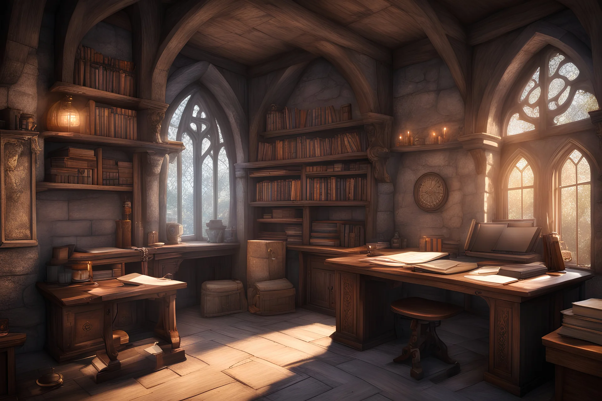 fantasy medieval study room with a front desk