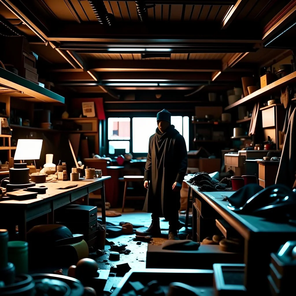 Wide angle environmental shot of ninja assassin in a cluttered and messy shack, chaotic shack in background. vibrant, photo realistic, realistic, dramatic, dark, sharp focus, 8k.