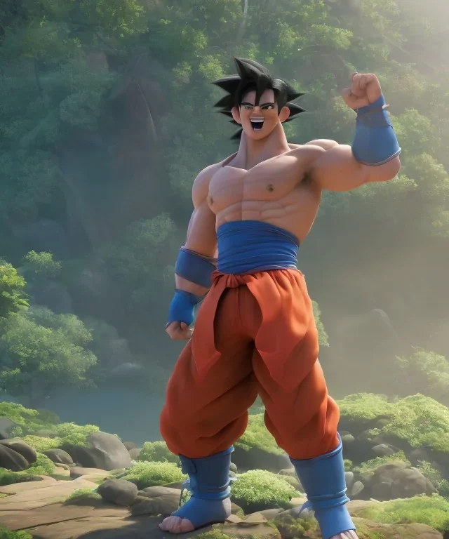 Goku, avatar style, fighting pose, muscular body, shirtless, volumetric details, hyper realism, unreal engine 5