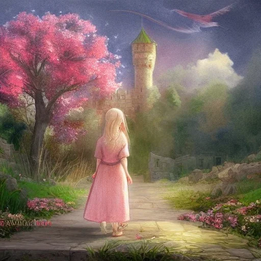  Castle into sky, with flowers of fire. Green clouds and birds. Shy girl going out of the main gate. Detailed painting, soft color, medieval, intricate detail, far sceen, complementary colors, medieval concept art, spring.