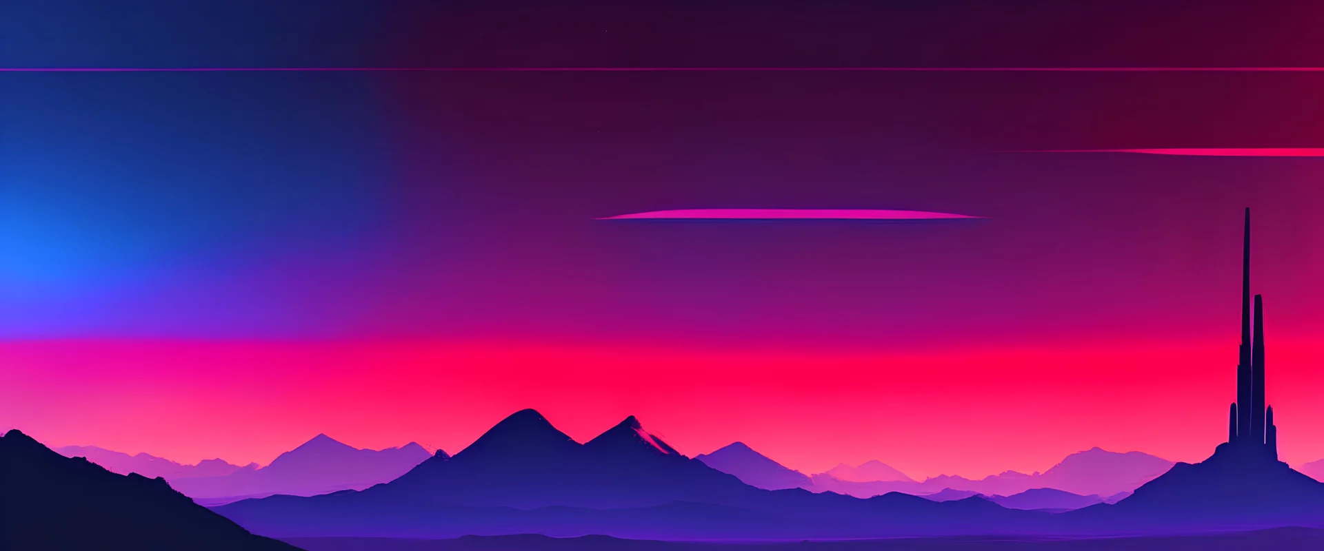 Multiple layers of silhouette mountains, with silhouette of big rocket in sky, sharp edges, at sunset, with fog in air, horizon silhouette Landscape wallpaper, red, violet and blue tints