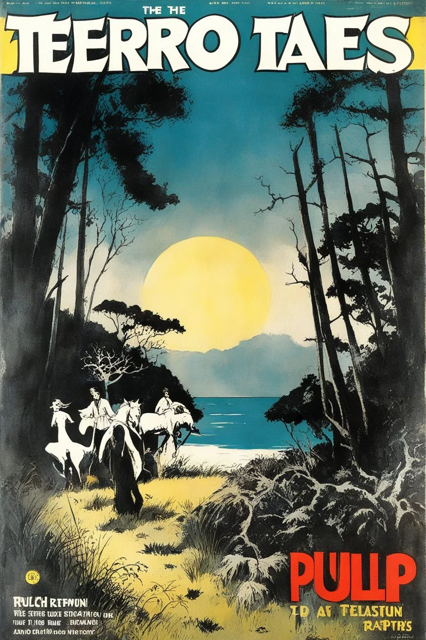 cover for the TERROR TALES pulp magazine (1964) with a high res photo cover by Ralph Steadman: special Visit Aeaea the nice island covered with a mixture of pasture and dense woodland of oak and beech. issue; guest stars: Circe, a captivating nymph and Homer the Greek poet